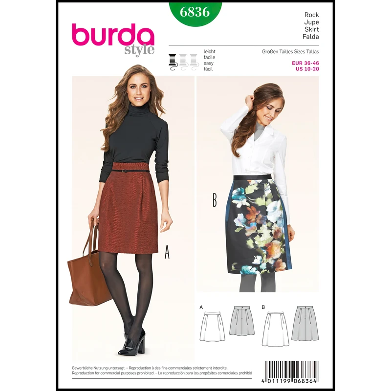 الگو خیاطی دامن زنانه بوردا استایل کد 6836 سایز 36 تا 46 متد مولر