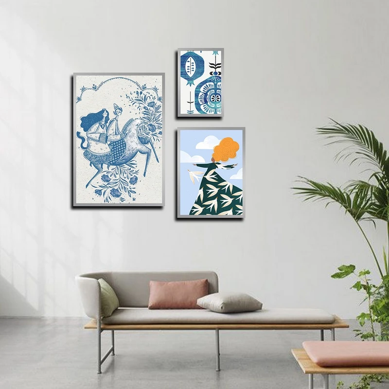 تابلو بکلیت طرح نقاشی مدرن و سنتی مدل SI-4012 فریم نقره ای مجموعه 3 عددی