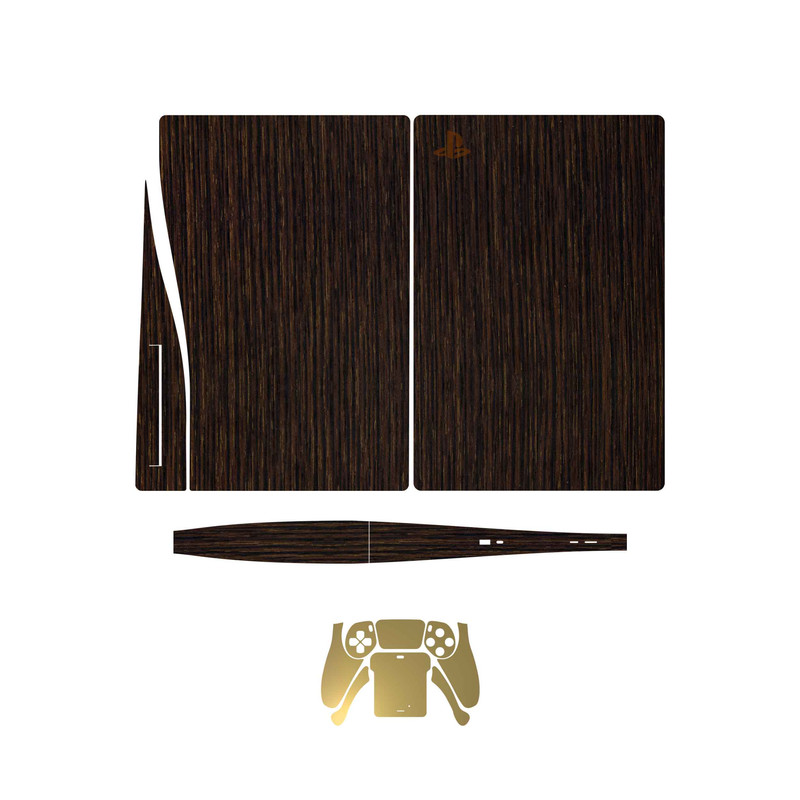 برچسب کنسول و دسته بازی PS5 ماهوت مدل  Dark Gold Stripes Wood MatteGold