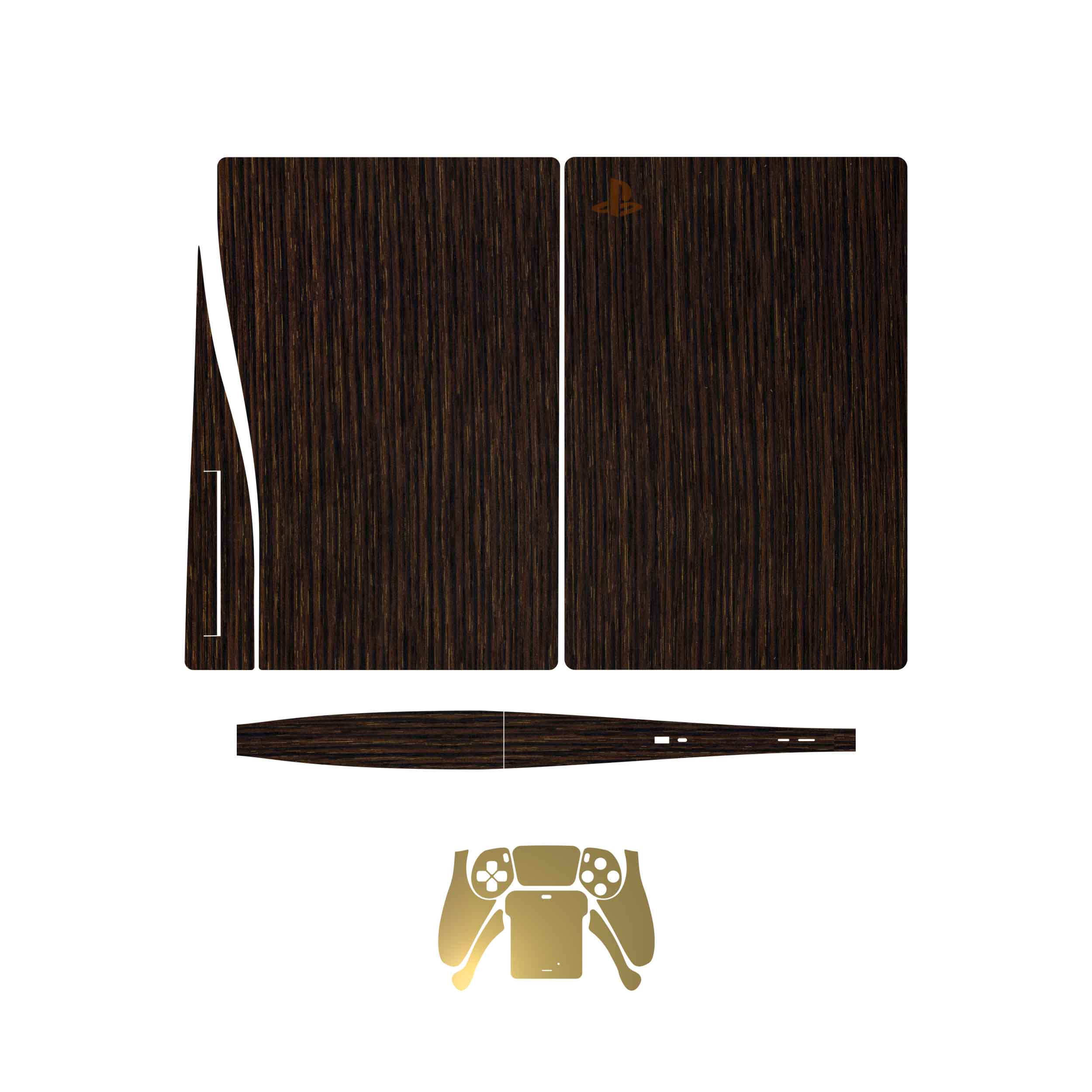 برچسب کنسول و دسته بازی PS5 ماهوت مدل Dark Gold Stripes Wood MatteGold