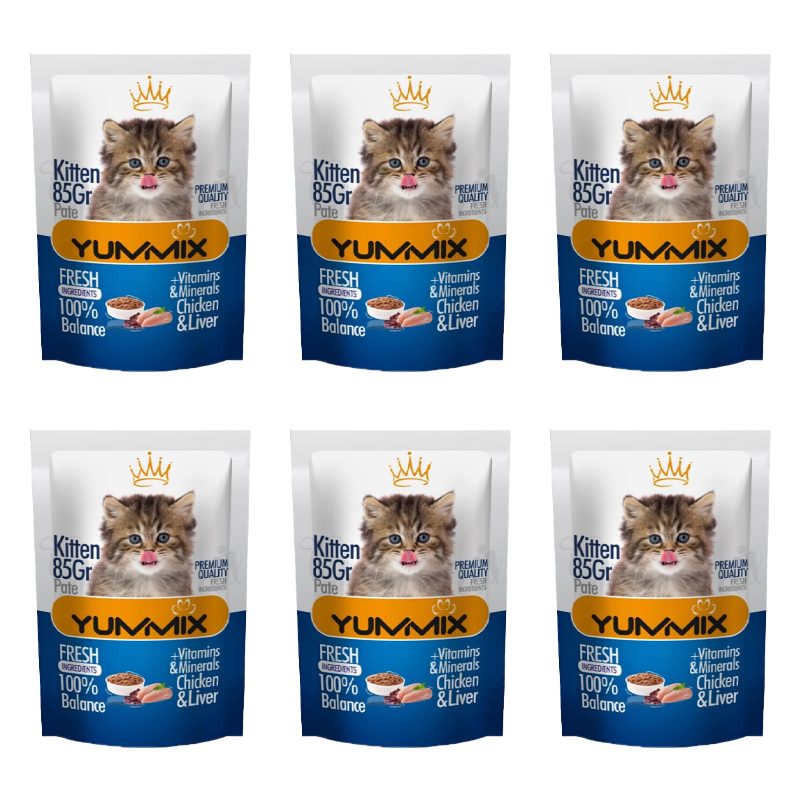 پوچ بچه گربه یامیکس مدل پک پته طعم مرغ و جگر بسته 6 عددی