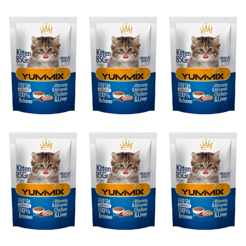 پوچ بچه گربه یامیکس مدل پک پته طعم مرغ و جگر بسته 6 عددی