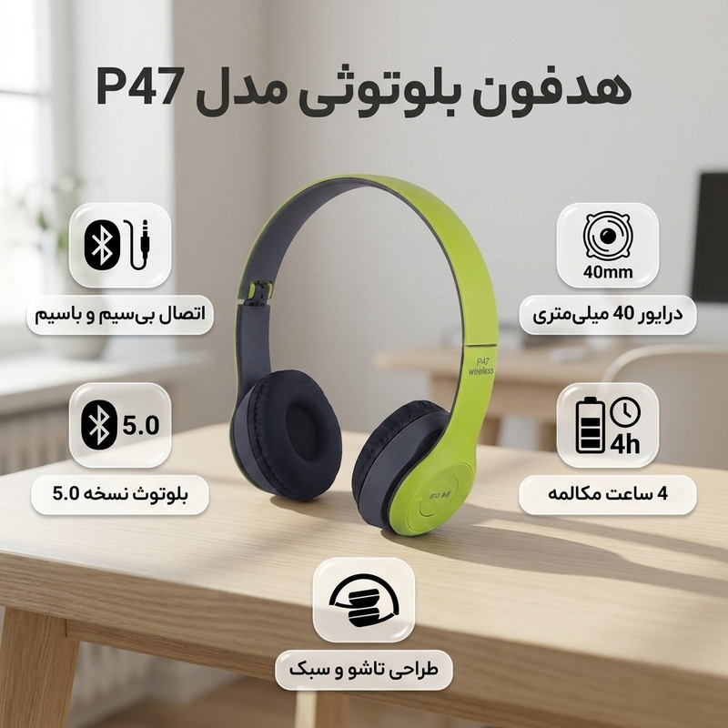 هدفون بلوتوثی مدل P47، بلوتوث نسخه 5 و جک 3.5 میلی‌متری، درایور 40 میلی‌متری، قابلیت مکالمه و 4 ساعت عمر باتری