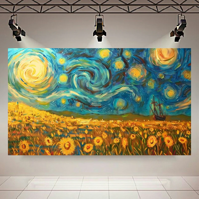 تابلو بوم طرح مخمل شب پر ستاره ونگوگ مدل دریای آفتاب گردان کد AR302358