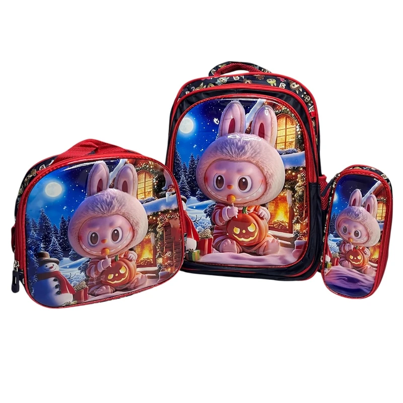 کوله پشتی مدرسه مدل لبوبو 3 به همراه کیف تغذیه و جامدادی