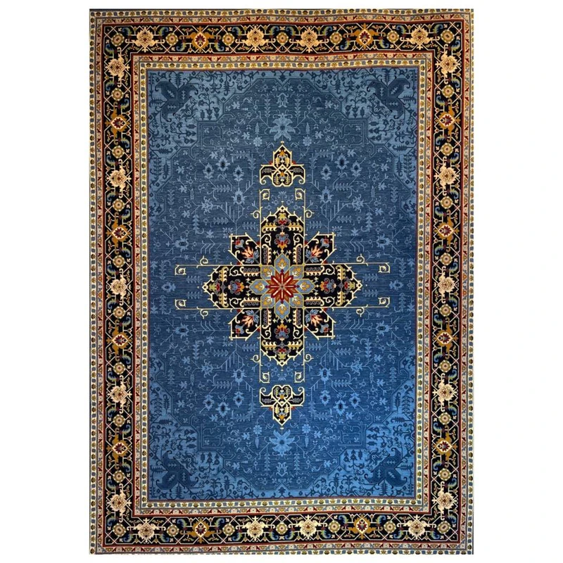 فرش ماشینی 700 شانه زمینه آبی حاشیه سرمه ای مدل آکرولیک قشقایی کد 110