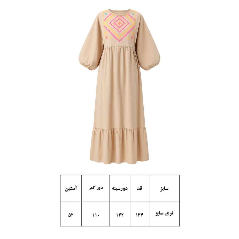 پیراهن ساحلی یقه گرد زنانه مدل آستین کیمونو گلدوزی شده کولردار کد 23258255 رنگ کرم