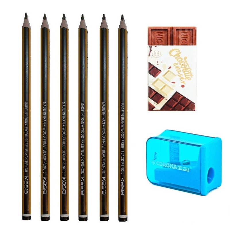 مداد مشکی کسری با درجه سختی HB مدل آذر 24 به همراه پاک کن و تراش مجموعه 8 عددی 