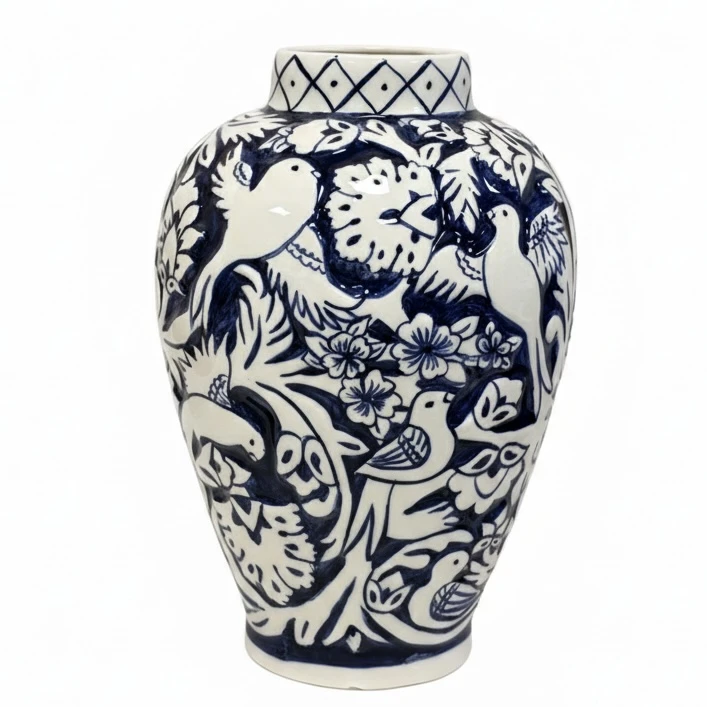 گلدان سرامیکی مدل حکاکی شده گل مرغ 