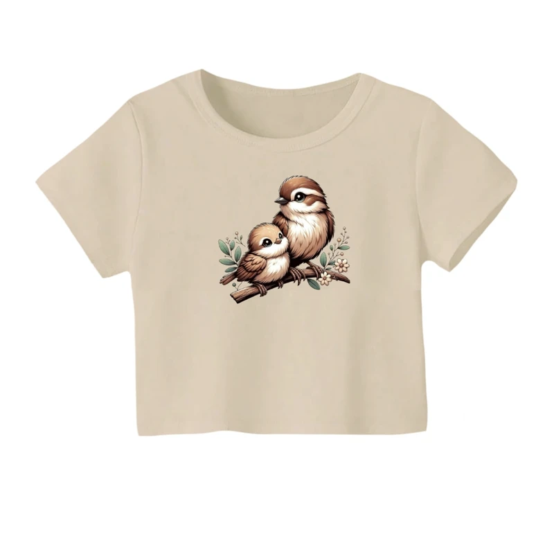 کراپ‌ تی‌شرت آستین کوتاه زنانه مدل پرنده ها کد01