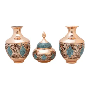 ست 3 تکه قندان و گلدان فیروزه کوبی مدل مشبک کد 7401
