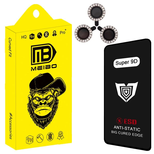 محافظ صفحه نمایش میبو مدل Super 9D Pro مناسب برای گوشی موبایل سامسونگ galaxy a16 به همراه محافظ لنز دوربین نگین دار