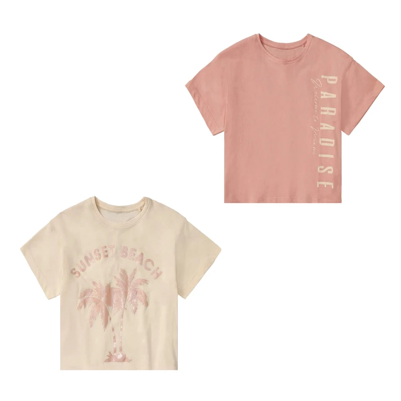 تی‌شرت آستین کوتاه دخترانه پیپرتس مدل نخل طلایی کد 2025 مجموعه 2 عددی