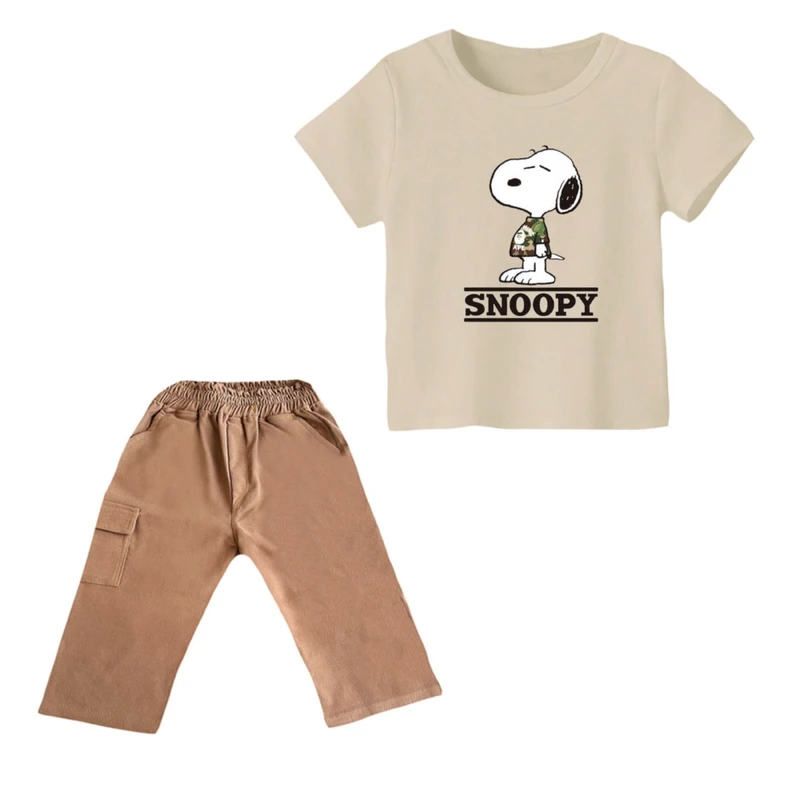 ست تی شرت و شلوارک پسرانه مدل اسنوپی کد ۳۴ رنگ کرم