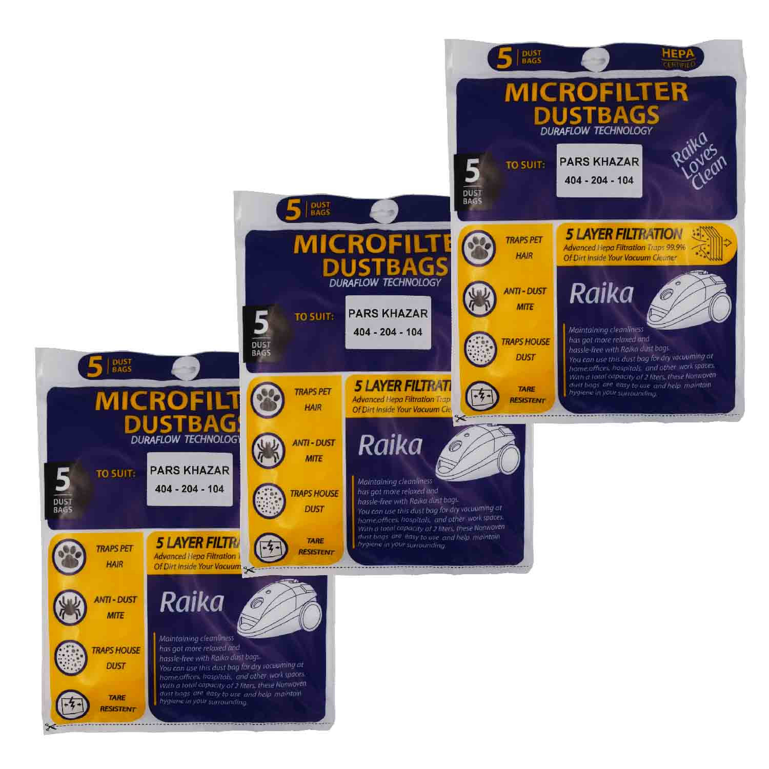 پاکت جاروبرقی رایکا مدل 01 مناسب برای جاروبرقی پارس خزر 104 سه بسته 5 عددی