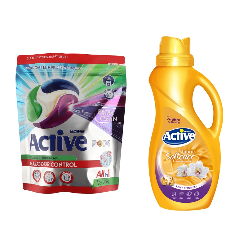 قرص ماشین لباسشویی اکتیو مدل malodor control با رایحه گل بسته 15 عددی و نرم کننده حوله و لباس اکتیو مدل G01 حجم 1500 میلی لیتر