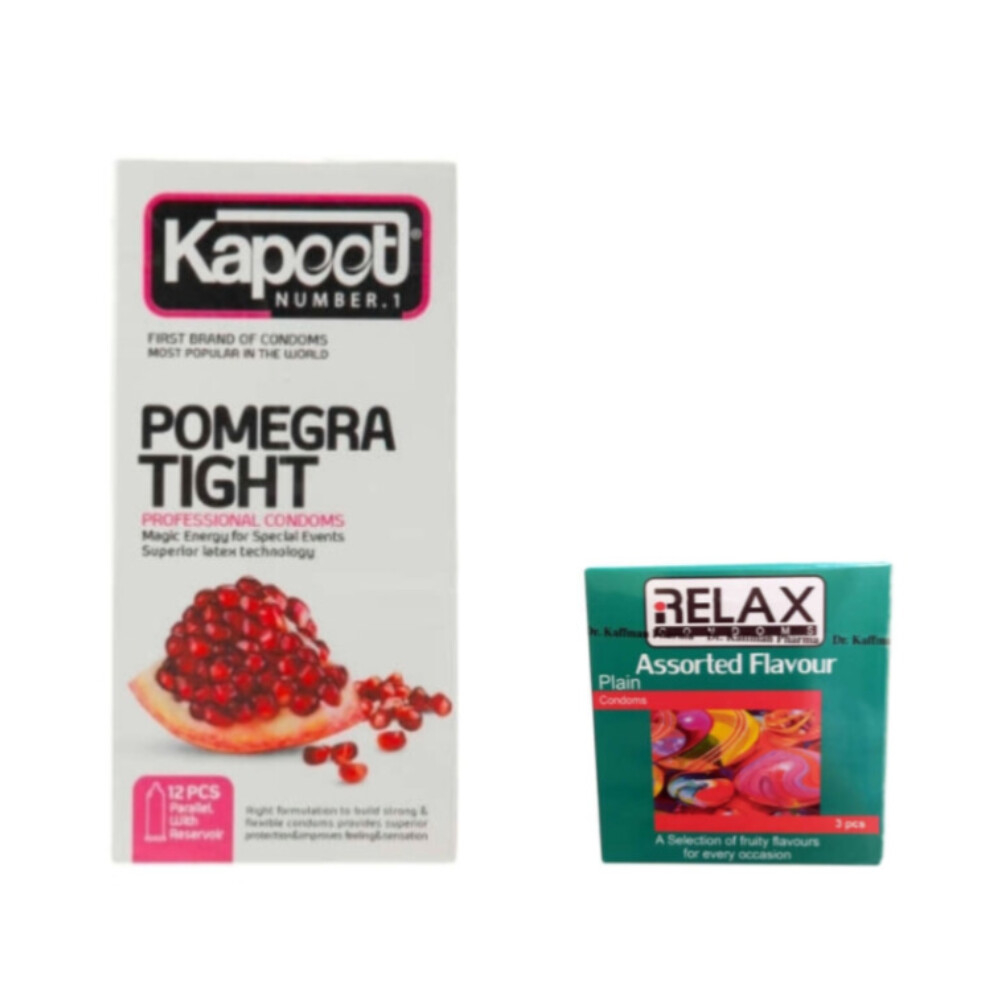 کاندوم ریلکس مدل ASSORTED FLAVOUR به همراه کاندوم کاپوت مدل Pomegra tight بسته 12 عددی