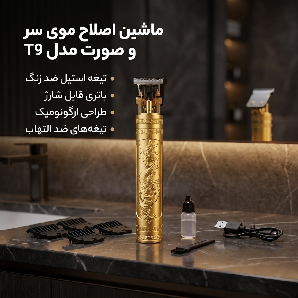 ماشین اصلاح موی سر و صورت مدل T9 با تیغه استیل ضد زنگ، باتری شارژی، شانه متحرک، تیغه‌های ضد التهاب، همراه با برس، روغن، کابل شارژ و دفترچه راهنما