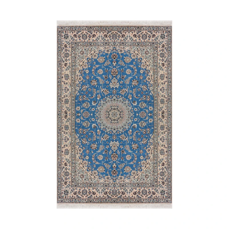 فرش دستبافت ۴.۵ متری مدل لچک و ترنج نایین ۶لا کد 1082 زمینه آبی