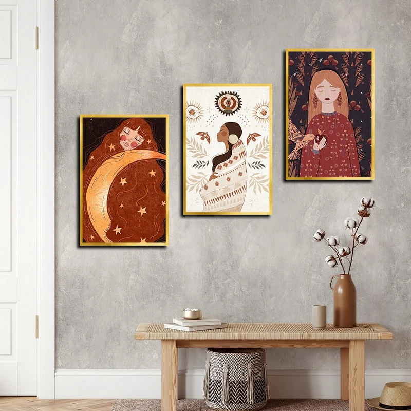 تابلو بکلیت طرح نقاشی مدرن و دخترانه مدل T-4008 فریم طلایی مجموعه 3 عددی