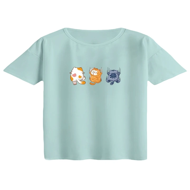 کراپ تی‌شرت آستین کوتاه زنانه مدل گربه های آویز