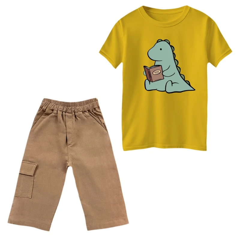 ست تی‌شرت و شلوارک پسرانه مدل دایناسور و کتاب