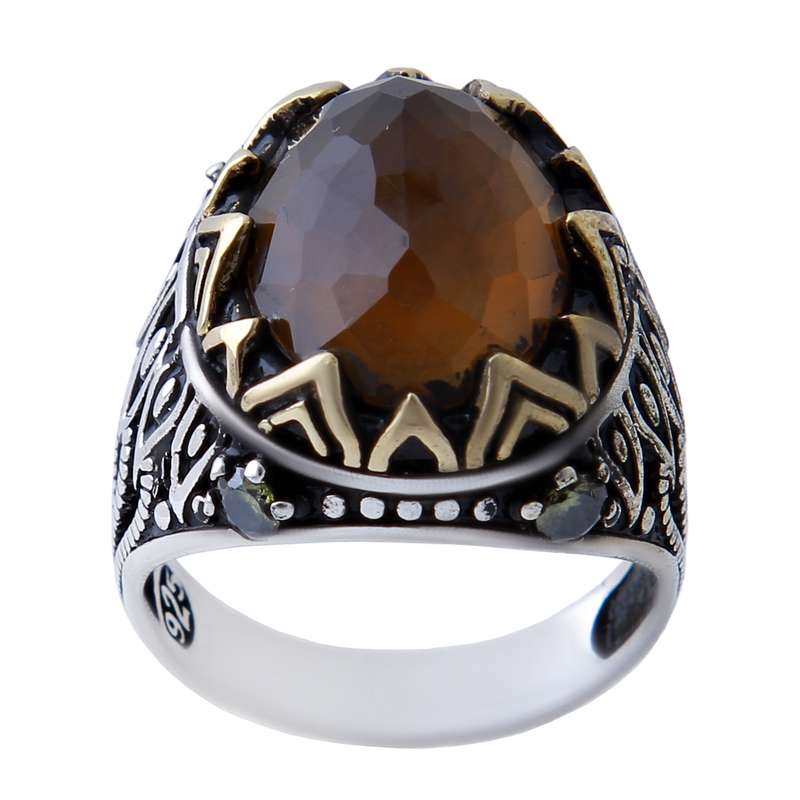 انگشتر نقره مردانه بازرگانی میلادی مدل سنگ کوارتز رکاب ترک کد AM_445