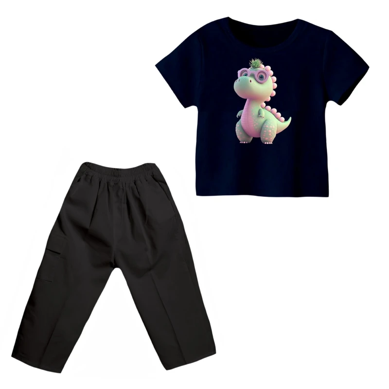 ست تی شرت و شلوارک پسرانه مدل دایناسور کد 7 رنگ سرمه ای