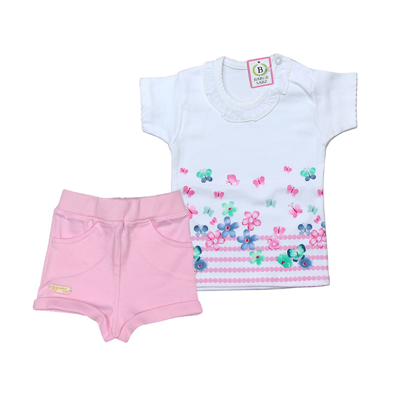 ست تی شرت و شلوارک نوزادی برگ سبز مدل پروانه رنگ صورتی