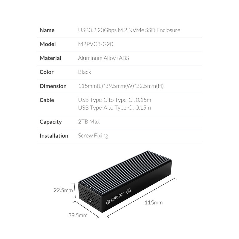 قاب اس اس دی اکسترنال NVMe M.2 اوریکو مدل M2PVC3-G20
