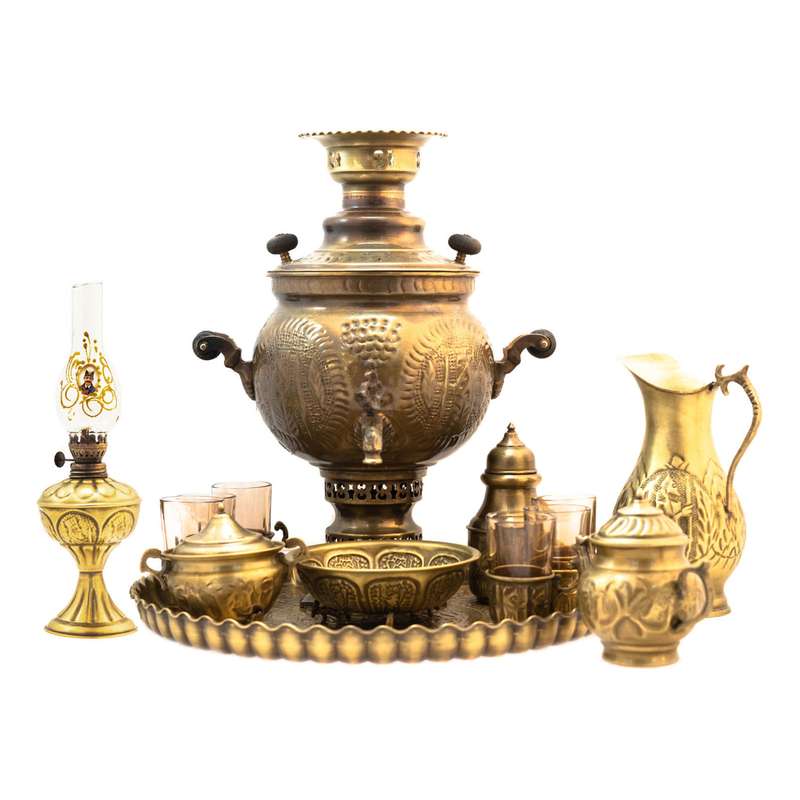 سرویس سماور ذغالی 14 پارچه برنجی کد 805060