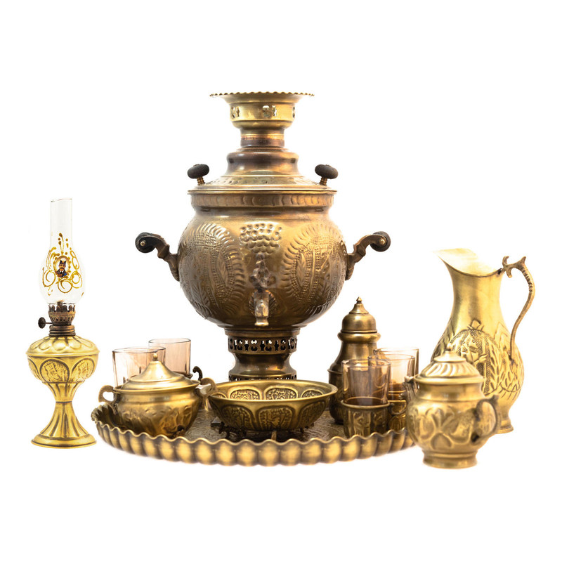 سرویس سماور ذغالی 14 پارچه برنجی کد 805060