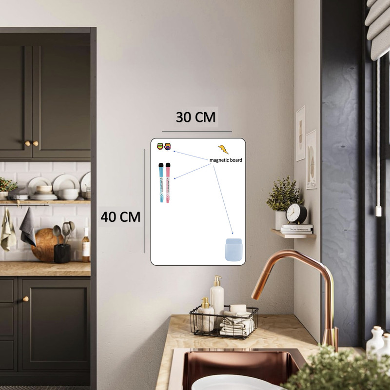 تخته وایت برد هوم اند فریج مدل 6 سایز 40x30 سانتیمتر به همراه ماژیک و مگنت و هولدر مجموعه 6 عددی