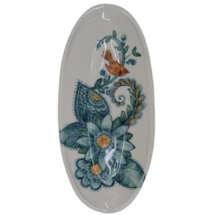شیرینی خوری سرامیکی طرح گل و مرغ مدل بیضی کد 3594099