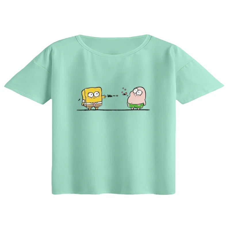 کراپ تی‌شرت آستین کوتاه زنانه مدل پاتریک و باب اسفنجی