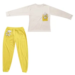 ست تی شرت آستین بلند و شلوار زنانه مدل خرس عروسک دار کد DKCOP 225 رنگ زرد