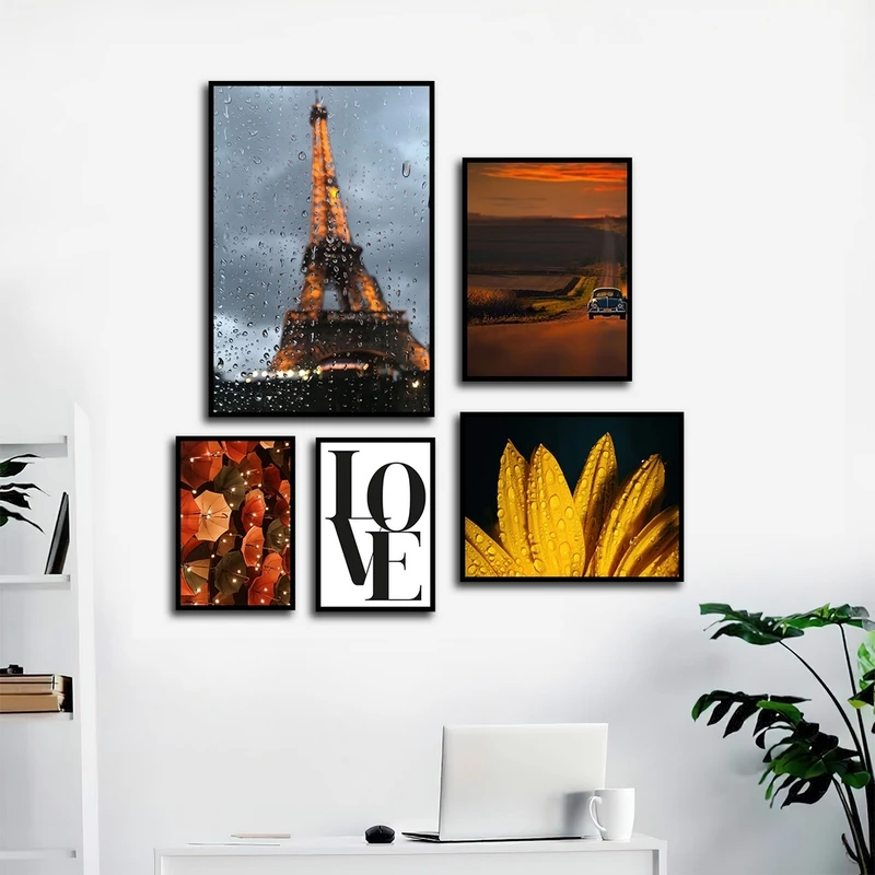 تابلو ساده بکلیت طرح طبیعت و برج ایفل مدل شاین اکلیلی B-2610 فریم مشکی مجموعه 5 عددی
