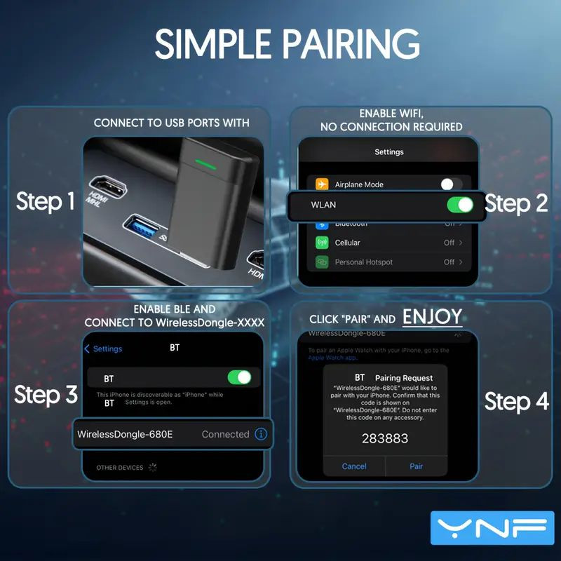 دانگل بلوتوث مدل YNF تبدیل کارپلی و اندروید اتو سیمی به بیسیم