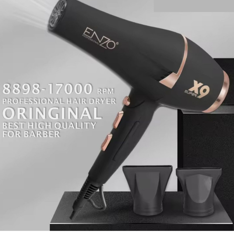 سشوار حرفه‌ای انزو پروفیشینال مدل X9 با موتور AC 2800 وات، فناوری تولید یون، المنت سرامیکی، تنظیم دما و سرعت در 2 حالت، پخش باد سرد، محافظت در برابر افزایش حرارت، همراه با دو سری متمرکزکننده هوا