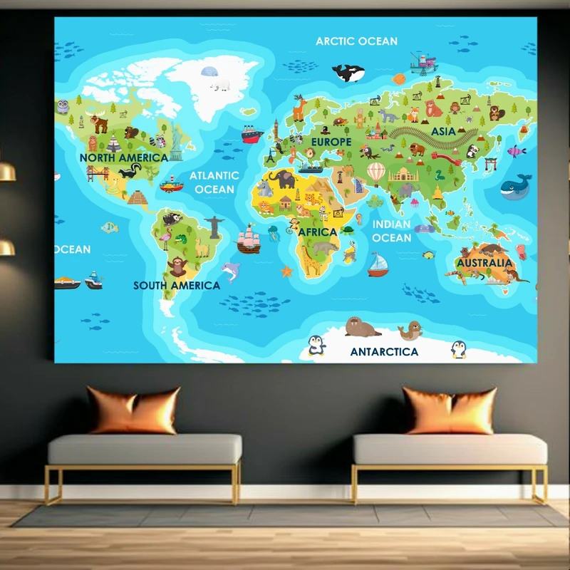 تابلو بوم طرح مخمل نقشه جهانی مدل حیوانات کد FP105166