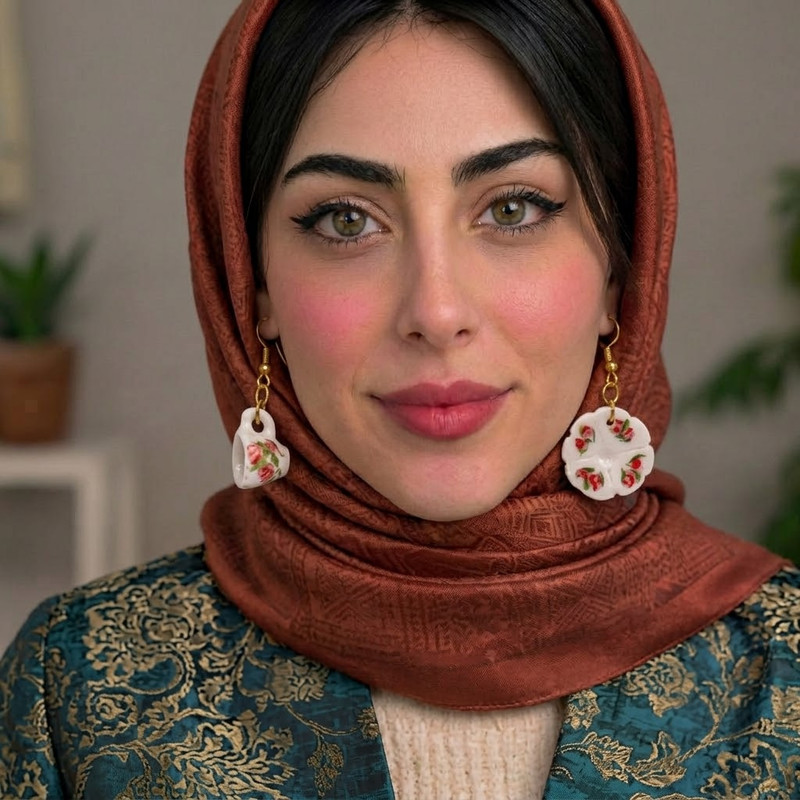 گوشواره سرامیکی دست ساز زنانه طرح گل سرخ