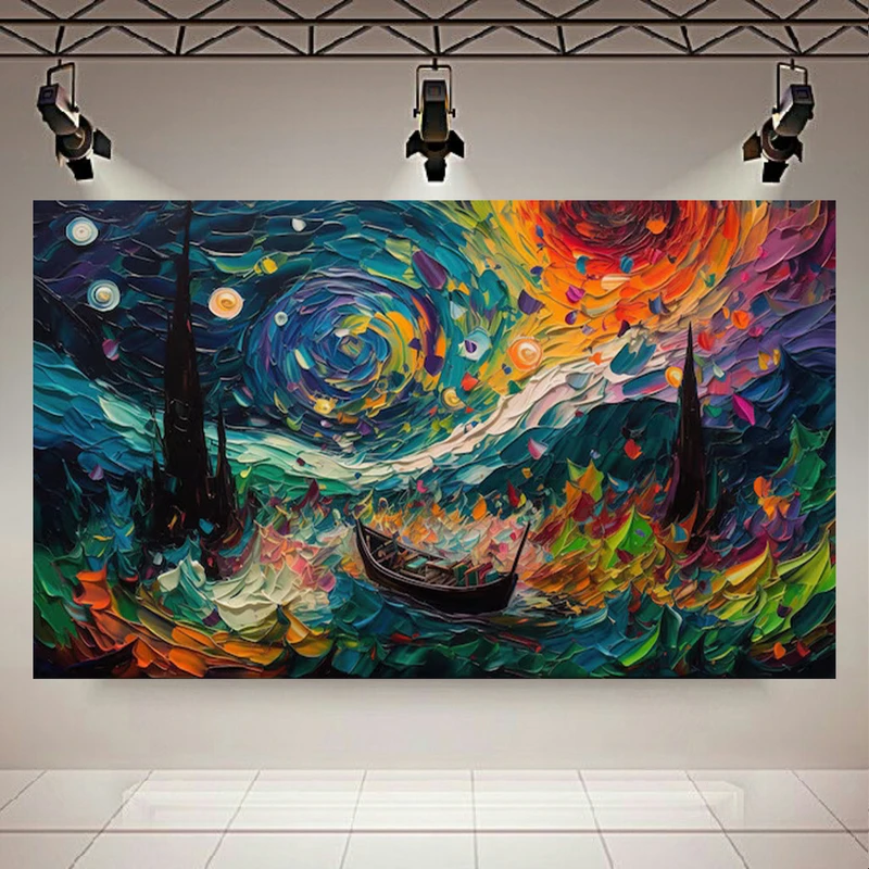 تابلو بوم طرح مخمل نقاشی شب پر ستاره مدل دریای خروشان کد AR303787