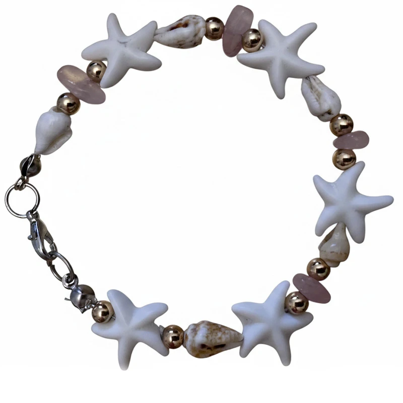 دستبند دخترانه مدل سنگ رزکوارتز و ستاره دریایی