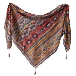 روسری زنانه مدل نخی قواره بزرگ منگوله دار پیکسلی مربعی