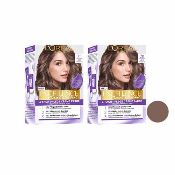 کیت رنگ مو لورآل سری excellence حجم 48 میلی لیتر شماره 7.11 رنگ بلوند خاکستری روشن مجموعه 2 عددی