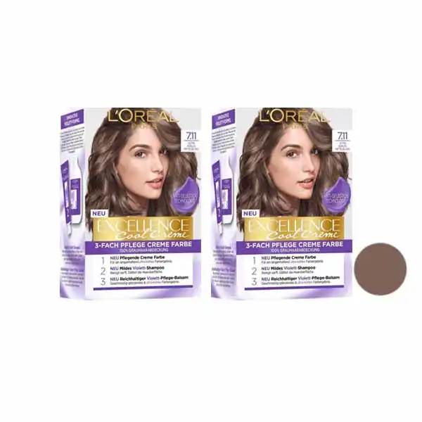 کیت رنگ مو لورآل سری excellence حجم 48 میلی لیتر شماره 7.11 رنگ بلوند خاکستری روشن مجموعه 2 عددی