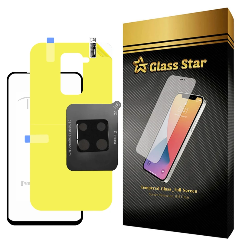 محافظ صفحه نمایش گلس استار مدل 3FNF مناسب برای گوشی موبایل شیائومی Redmi note 9 به همراه محافظ پشت گوشی و محافظ لنز دوربین