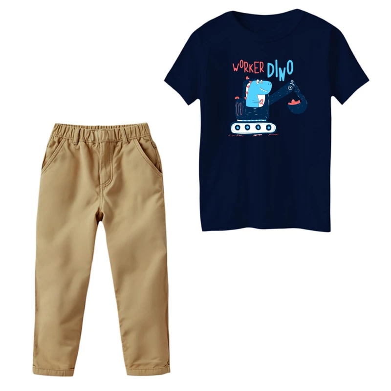 ست تی‌شرت و شلوار پسرانه مدل دایناسور و ماشین