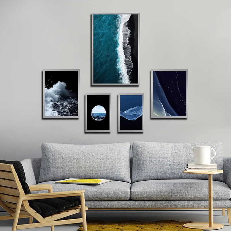 تابلو بکلیت طرح طبیعت موج دریا و ساحل مدل SI-3371 فریم نقره ای مجموعه 5 عددی
