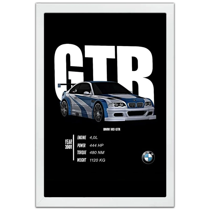 تابلو بکلیت طرح ماشین و خودرو بی ام و BMW M3 GTR NEED FOR SPEED MOST WANTED مدل W-po1943 فریم سفید